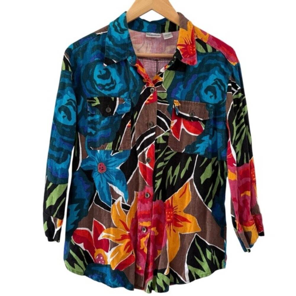 Chicos 100% Linen Button Down Shirt Colorful 3/4 Sleeves Blouse Size 1 Size M/8